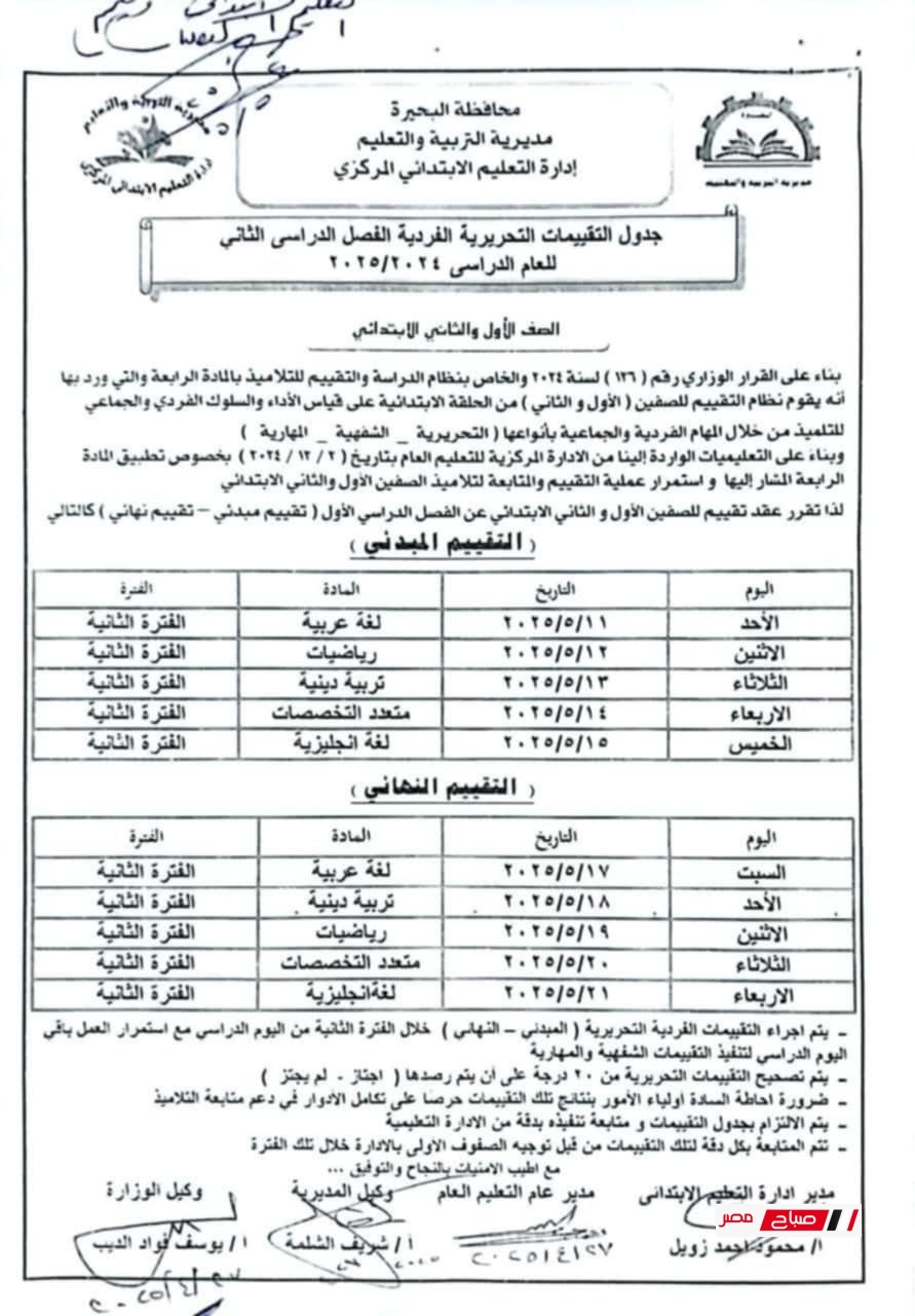 جدول تقييمات الصف الاول والثاني الابتدائي 2025 محافظة البحيرة
