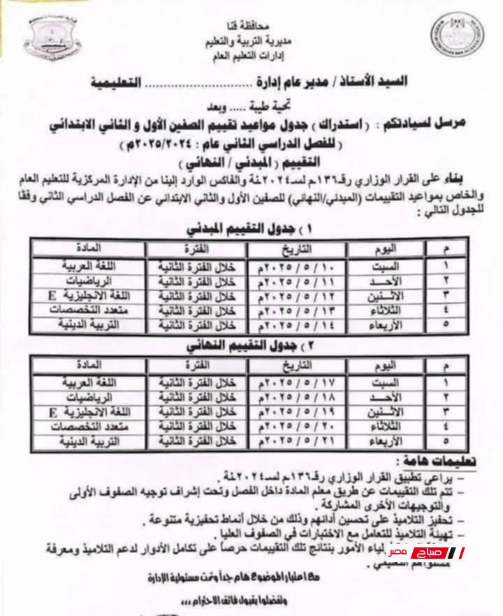 جدول تقييمات الصف الاول والثاني الابتدائي 2025 محافظة قنا