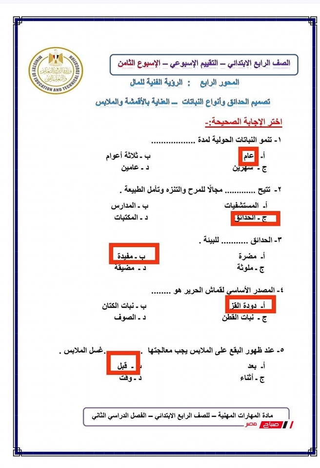 حل تقييمات المهارات المهنية للصف الرابع الابتدائي8