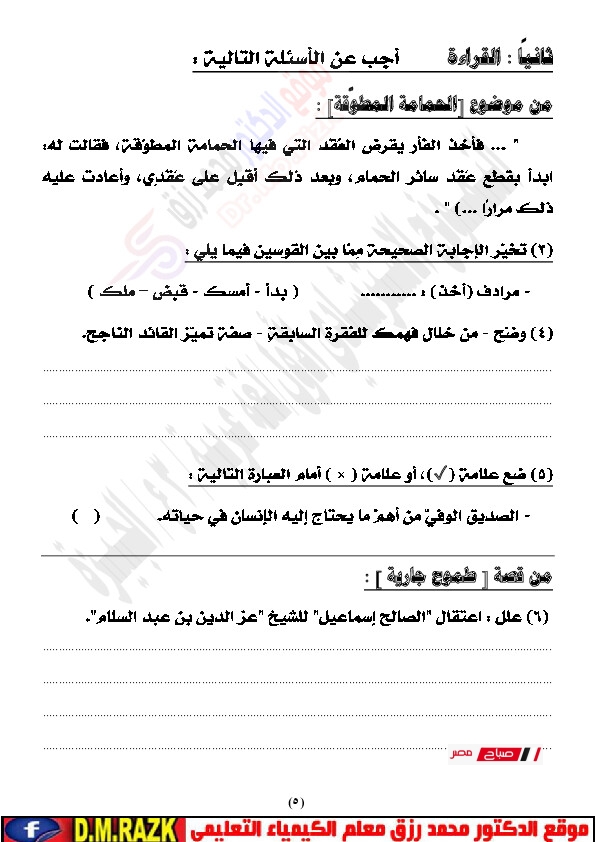 نماذج استرشادية لغة عربيةمحافظة الجيزة بالاجابات موقع الدكتور محمد رزق التعليمي 005