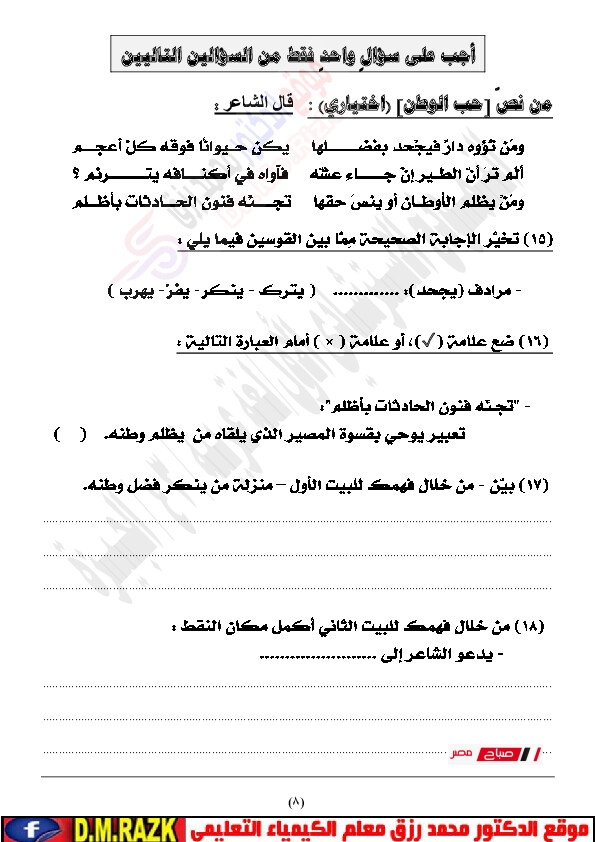نماذج استرشادية لغة عربيةمحافظة الجيزة بالاجابات موقع الدكتور محمد رزق التعليمي 008