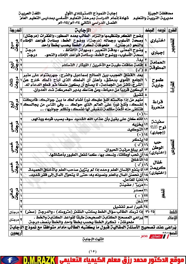نماذج استرشادية لغة عربيةمحافظة الجيزة بالاجابات موقع الدكتور محمد رزق التعليمي 015