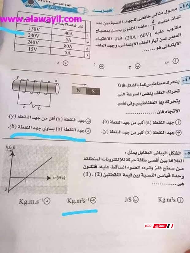 امتحان الفيزياء للثانوية العامة الدور الأول – نماذج سنوات سابقة وإجاباتها النموذجية 25 13 47