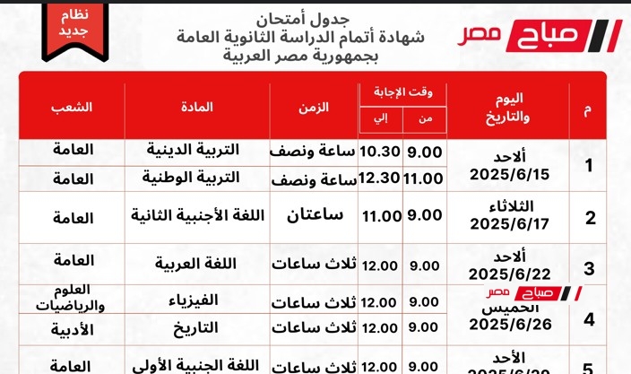 جدول امتحانات الثانوية العامة نظام جديد 2025